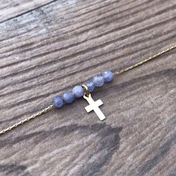 Beaded Cross necklace, gold, Easter gift, Christian gift, minimalist, gemstone, - Picture 3 of 6